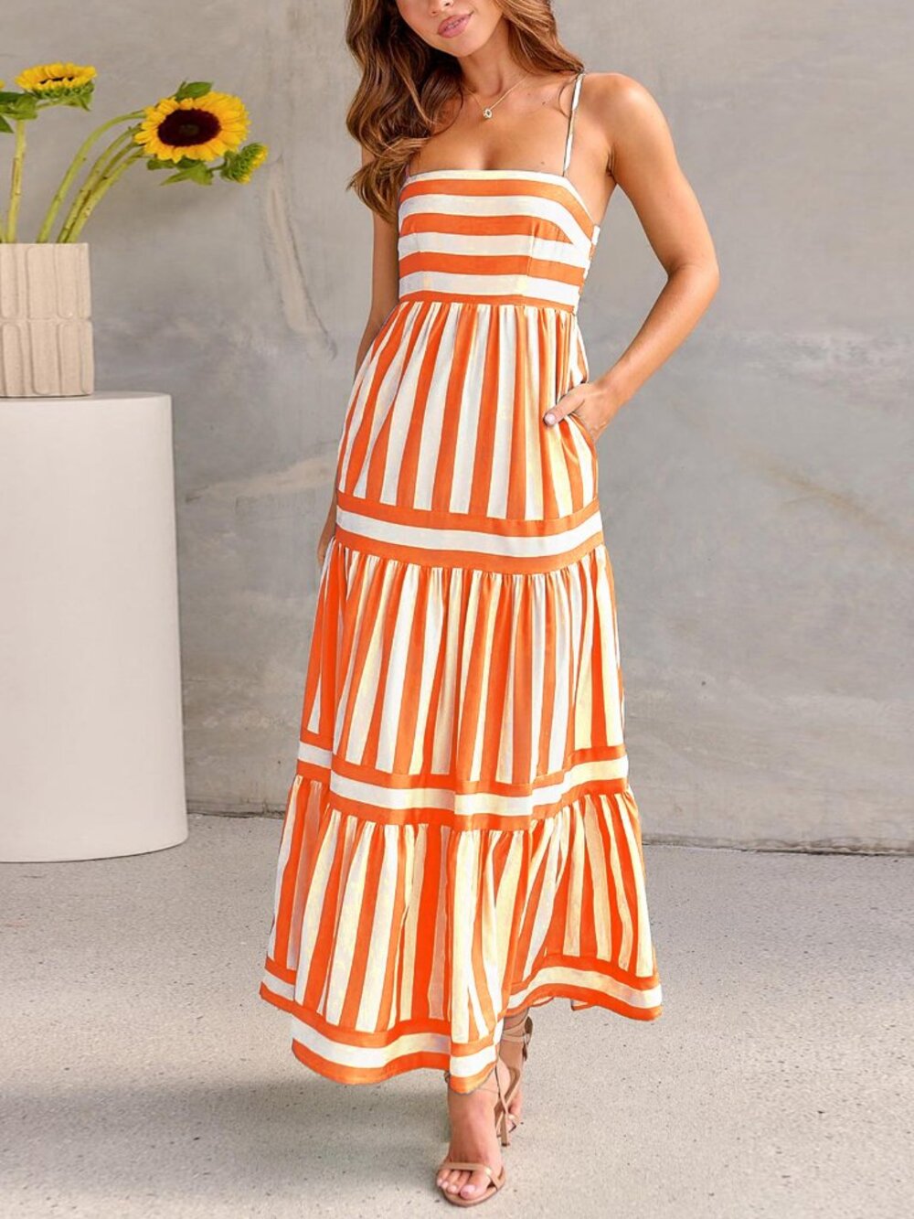 Women's Orange Printed Stretch Midi Dress – Super Soft Bodycon Long Dress